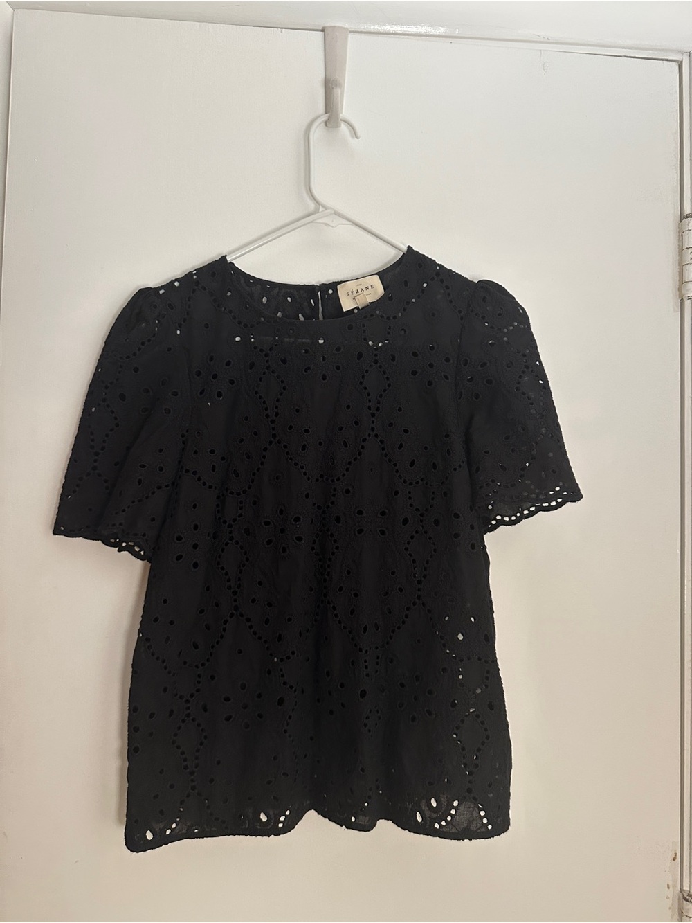 Sezane Annabelle Black Eyelet Puff Sleeve Blouse